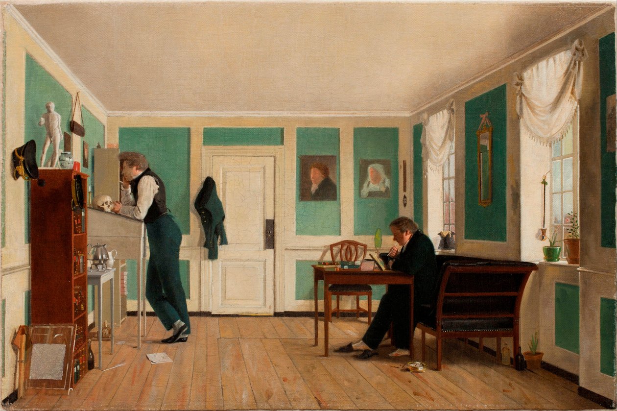 Innenraum von Amaliegade, Kapitän Carl Ludvig Bendz stehend und Dr. Jacob Christian Bendz sitzend von Wilhelm Ferdinand Bendz