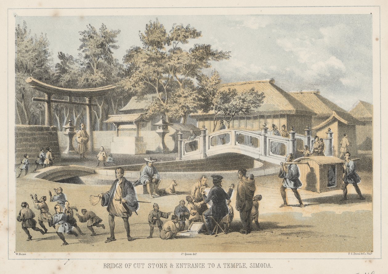 Brücke aus behauenem Stein und Eingang zu einem Tempel, Simoda, 1855 von Wilhelm Joseph Heine