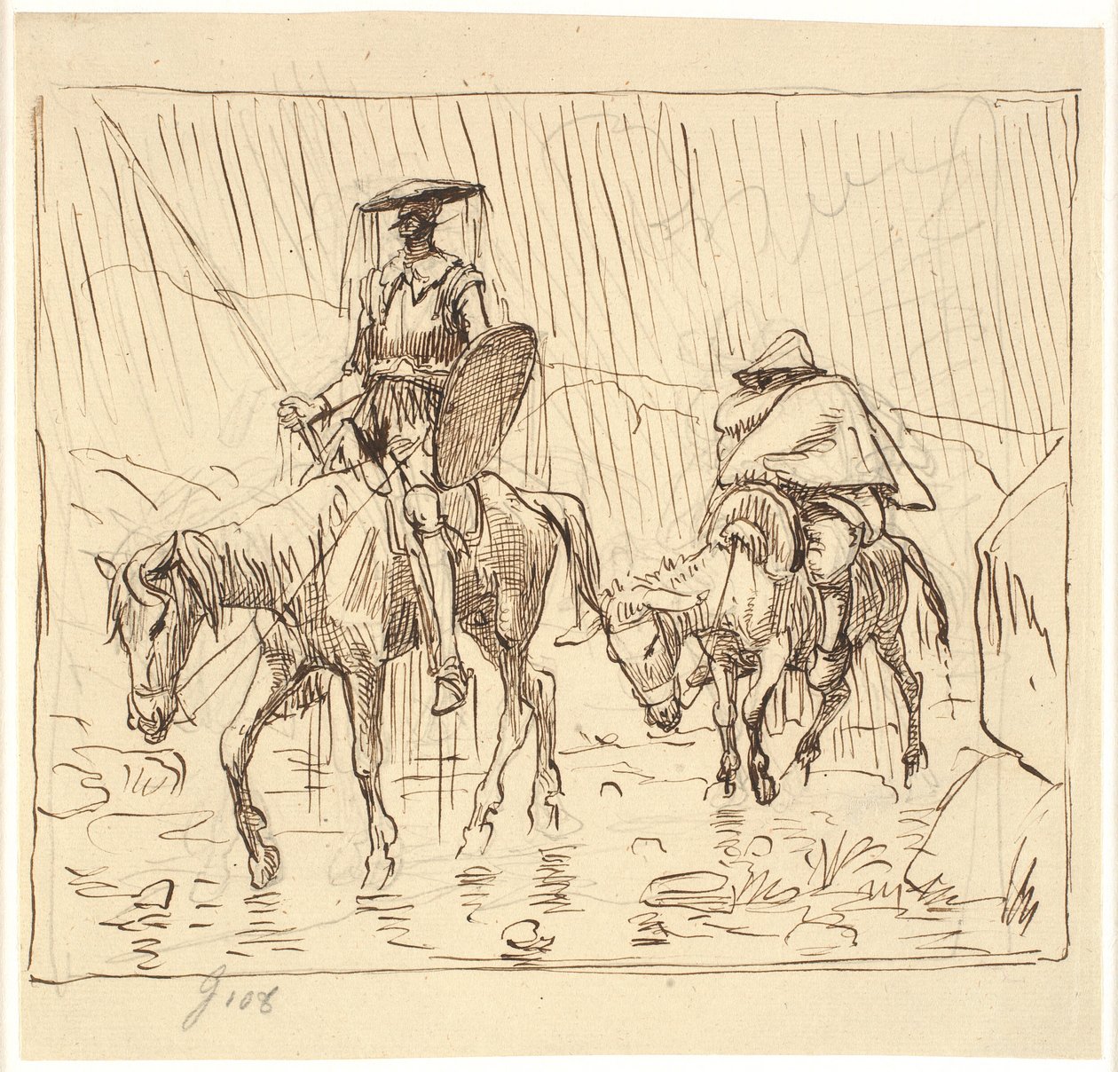 Don Quixote und Sancho Pansa reiten im Platzregen von Wilhelm Marstrand