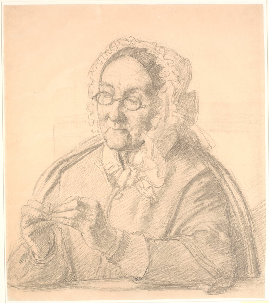 Alte Dame, die eine Nadel einfädelt von Wilhelm Marstrand