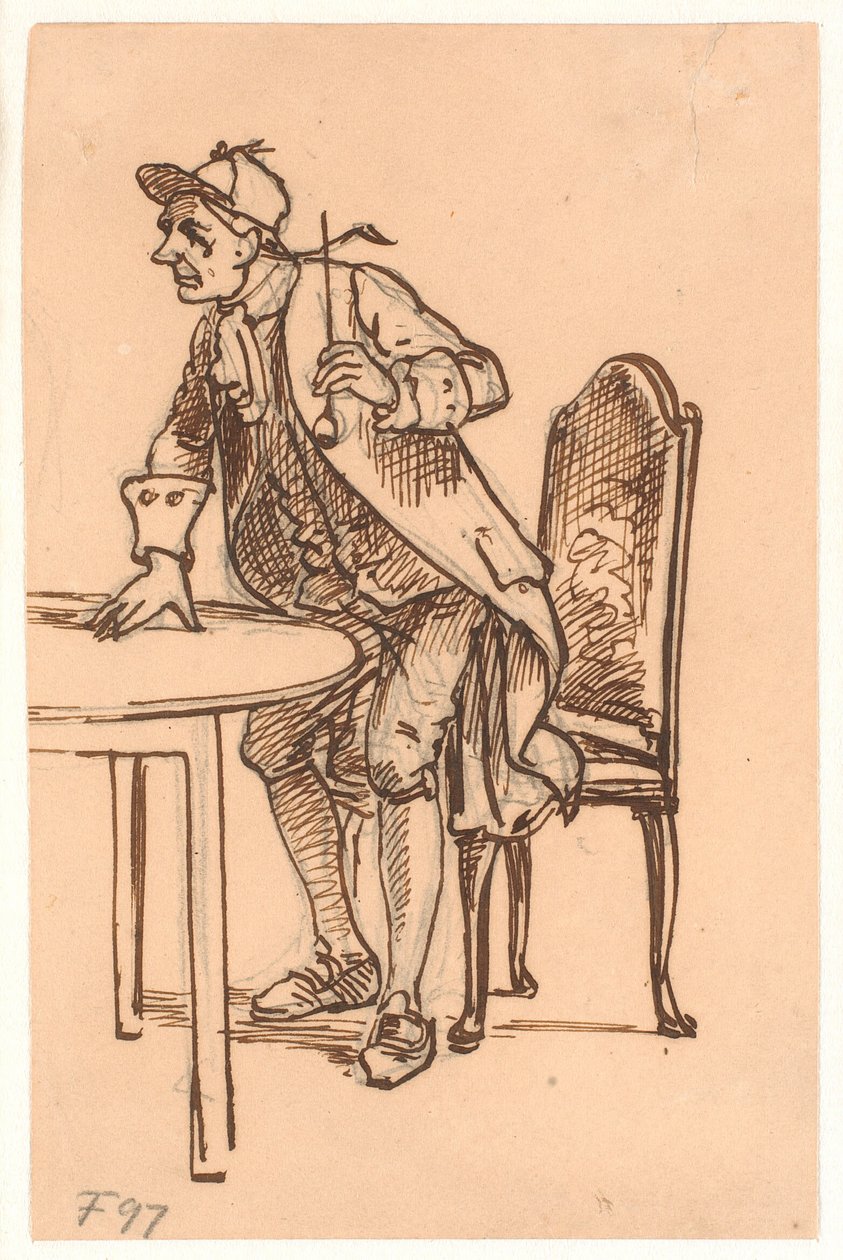 Mann mit Kappe und Pfeife erhebt sich (diskutierend?) an einem Tisch von Wilhelm Marstrand