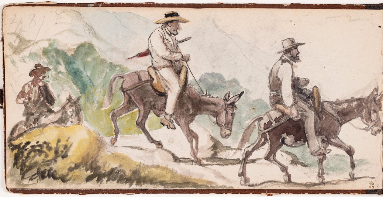 P.C. Skovgaard und A. Kittendorff, reitend auf Eseln in einer Berglandschaft von Wilhelm Marstrand