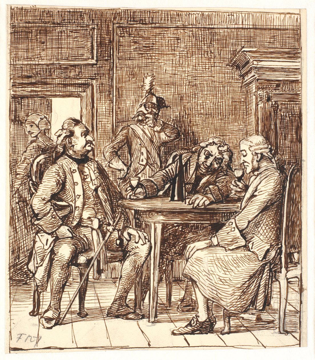 Szene aus Barselsstuen. Corfitz trinkt Rheinwein mit dem Offizier und Jens Olsen von Wilhelm Marstrand