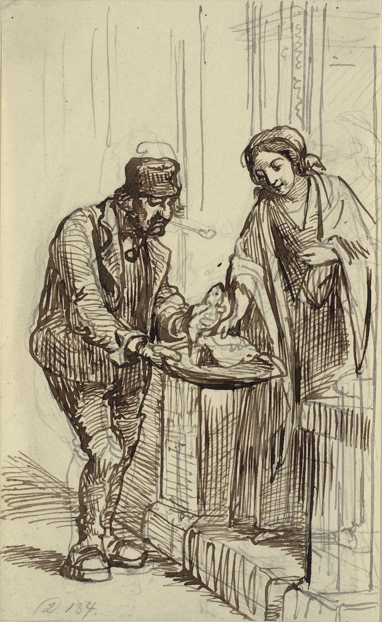 Junge Dame und Fischhändler von Wilhelm Marstrand