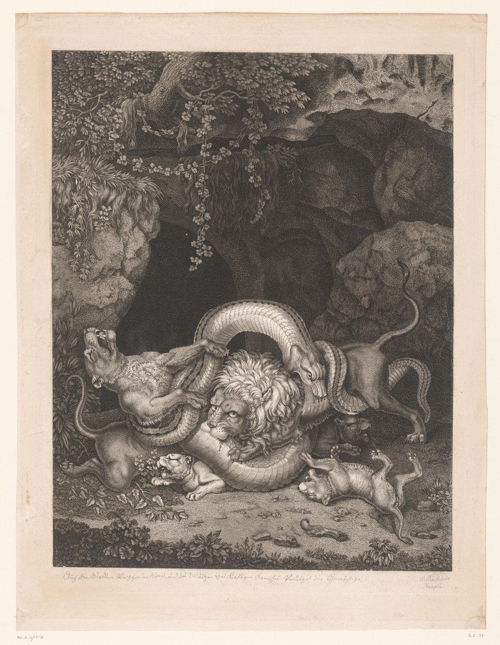 Löwe und Löwin schützen Welpen vor einer Schlange von Wilhelm Tischbein