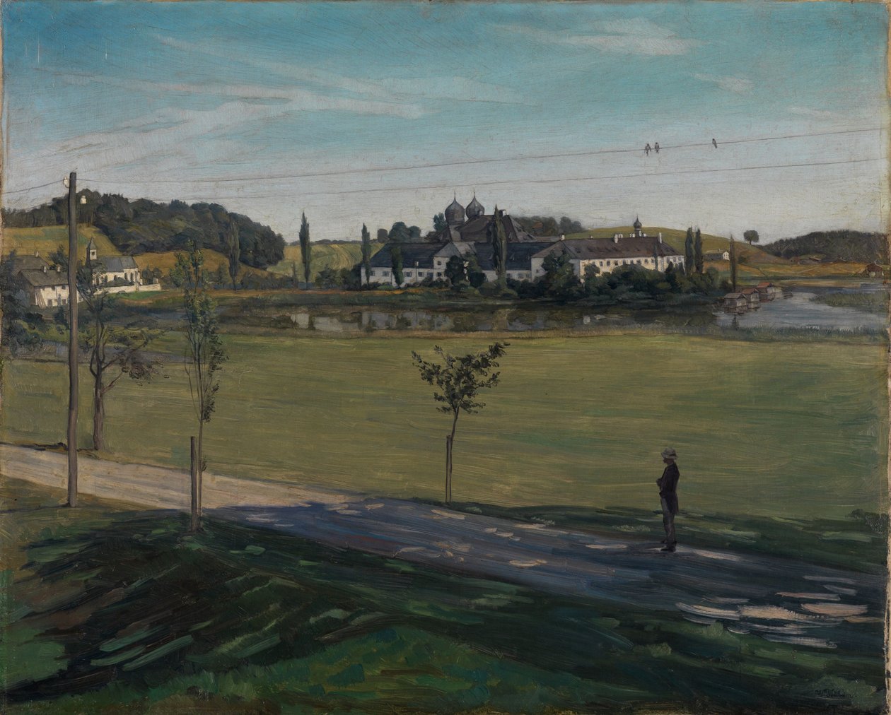 Landschaft bei Kloster Seeon mit Telegraphenstange von Wilhelm Trübner