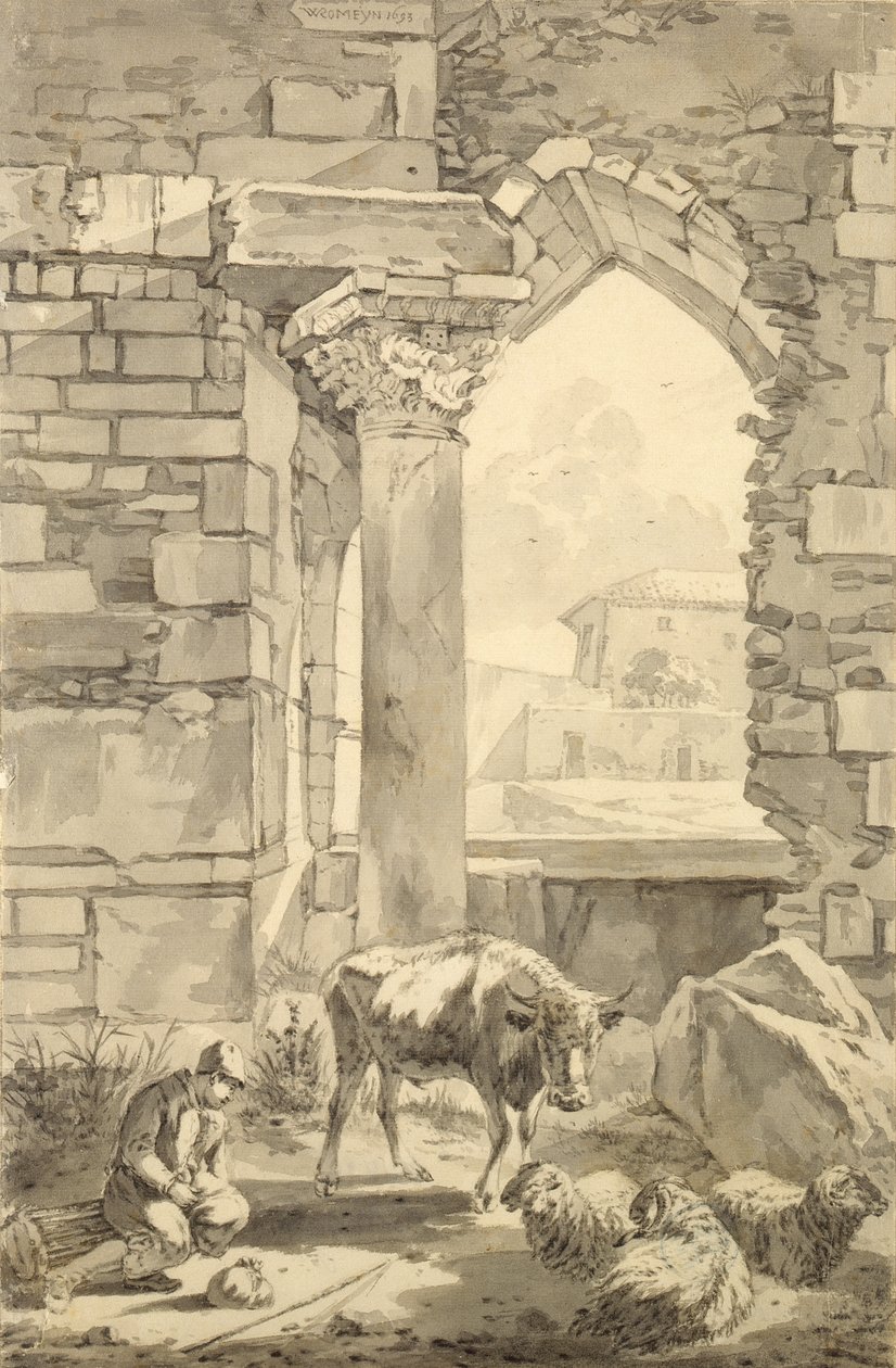 Hirte mit einer Kuh und Schafen in einer Ruine, 1693 von Willem Romeyn