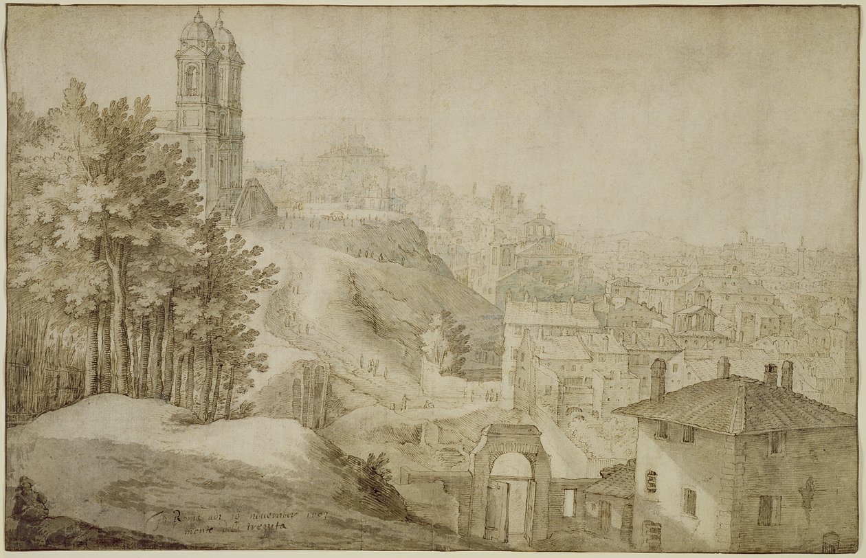 Ansicht von Trinita dei Monti, Rom, 1603 (Feder und Tinte mit Waschung) von Willem van Nieulandt