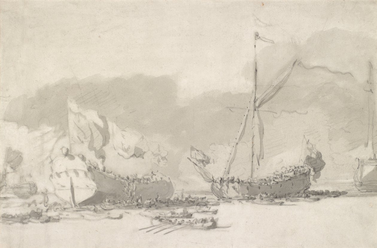 Der Stapellauf eines Ein-Deck-Kriegsschiffs mit einer königlichen Yacht, spätes 17. bis frühes 18. Jahrhundert von Willem van de Velde