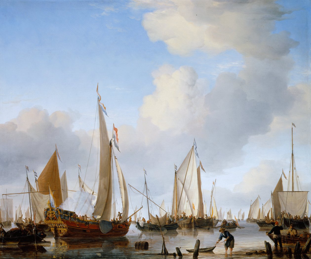 Ruhe - Eine Staatsyacht unter Segel nahe der Küste mit vielen anderen Schiffen von Willem van de Velde the Younger