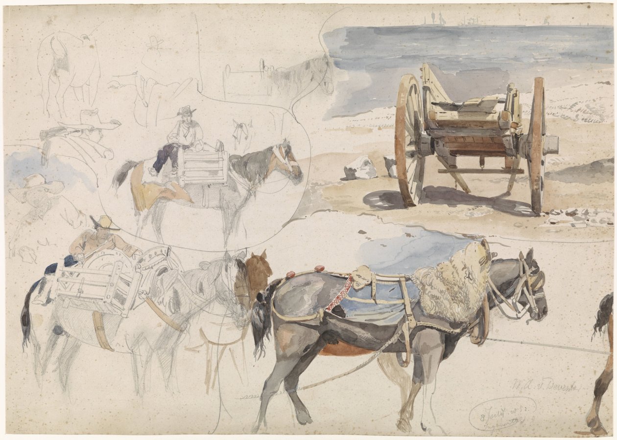 Studienblatt mit Muschelwagen am Strand und verschiedenen Studien von Pferden von Willem Anthonie van Deventer