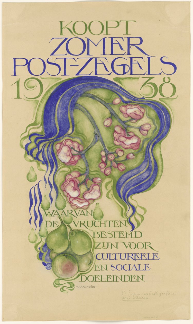 Entwurf für ein Plakat zum Verkauf von Sommerbriefmarken für das Jahr 1938 von Willem Arondéus (signed by artist)