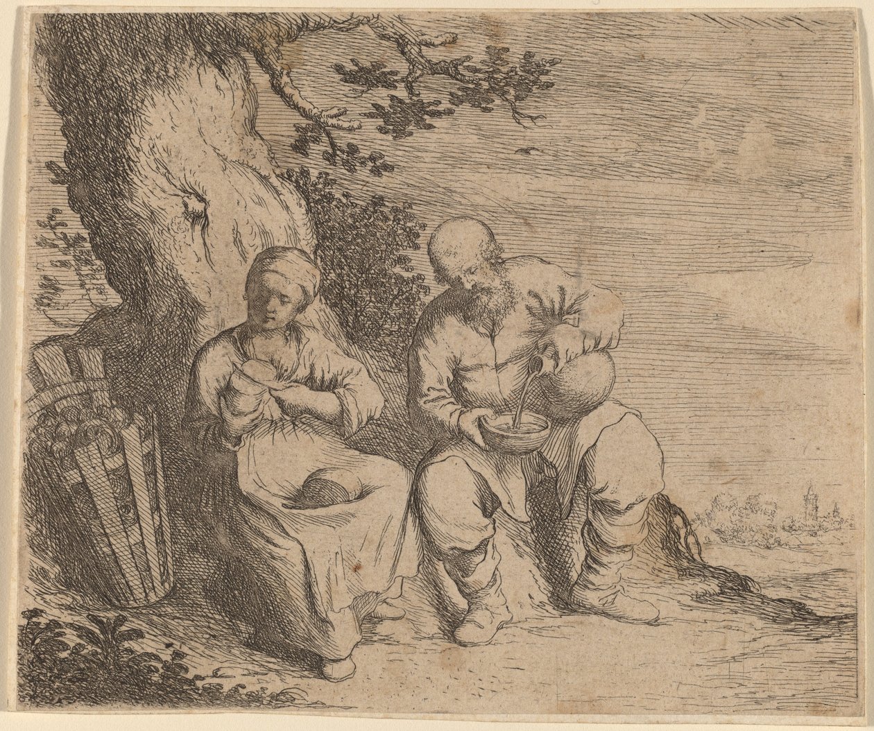 Bauernpaar sitzt unter einem Baum, ca. 1630-1660 von Willem Basse