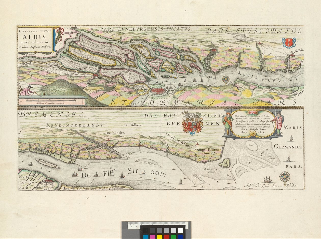 Celeberrimi Flvvii Albis nova delineatio: Viris Magnificis Amplißimis et Consultißimis Domis. Consulibus et Senatoribus, florentissimae Republicae Hamburgensis tabulam, hanc Provinciarum et Insularum Hamburgum Circumiacentium officiose dedicat / Auctore C von Willem Blaeu