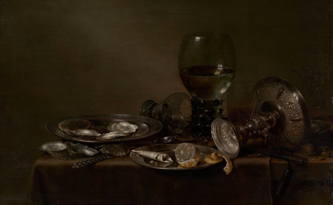 Stillleben mit Austern, einer silbernen Tazza und Glaswaren, 1635 von Willem Claesz. Heda