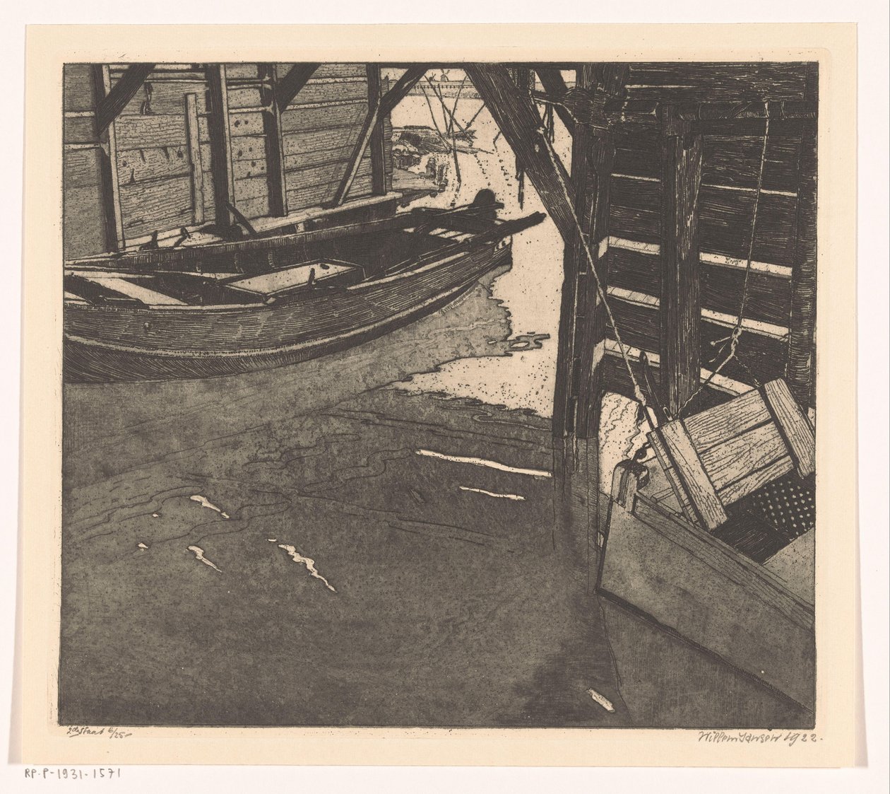 Interieur eines Schuitenhauses mit einem Fischkorb und einem eingebauten Fischkorb von Willem Jansen (graveur) (signed by artist)