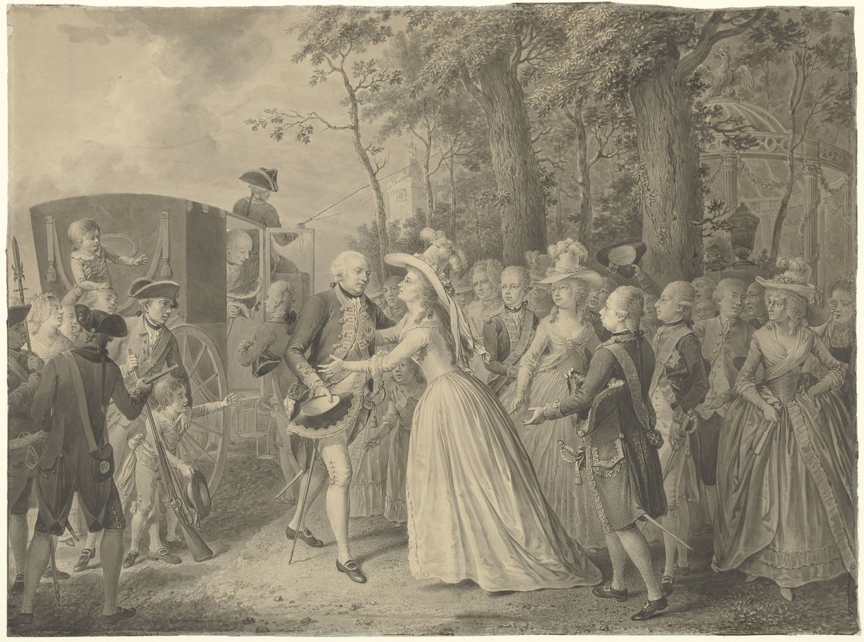 Begegnung von Prinzessin Wilhelmina mit ihrem Bruder König Friedrich III. von Preußen in Kleve, 1788 von Willem Joseph Laquy
