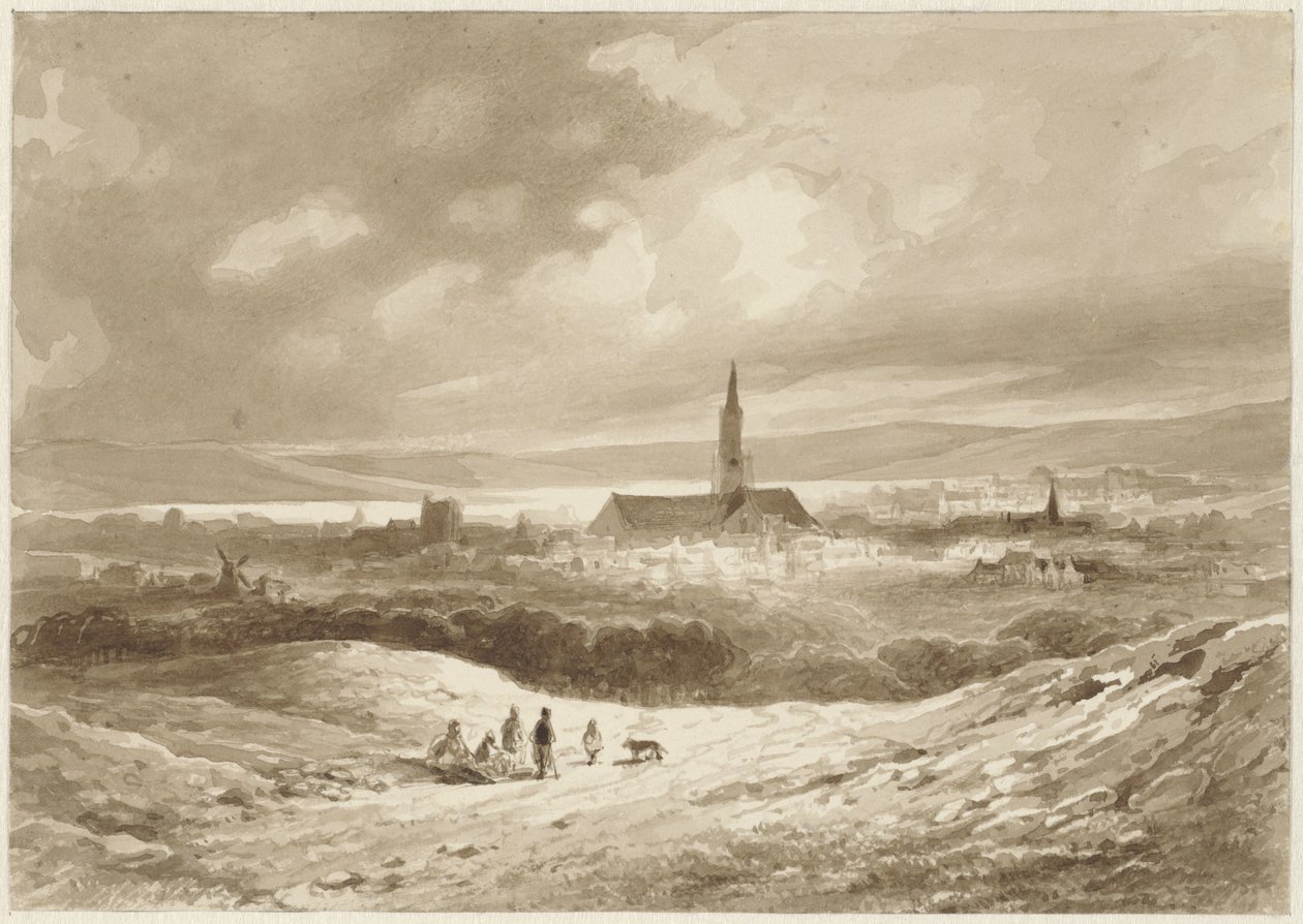 Blick von den Hügeln auf eine Stadt an einem See von Willem Pieter Hoevenaar
