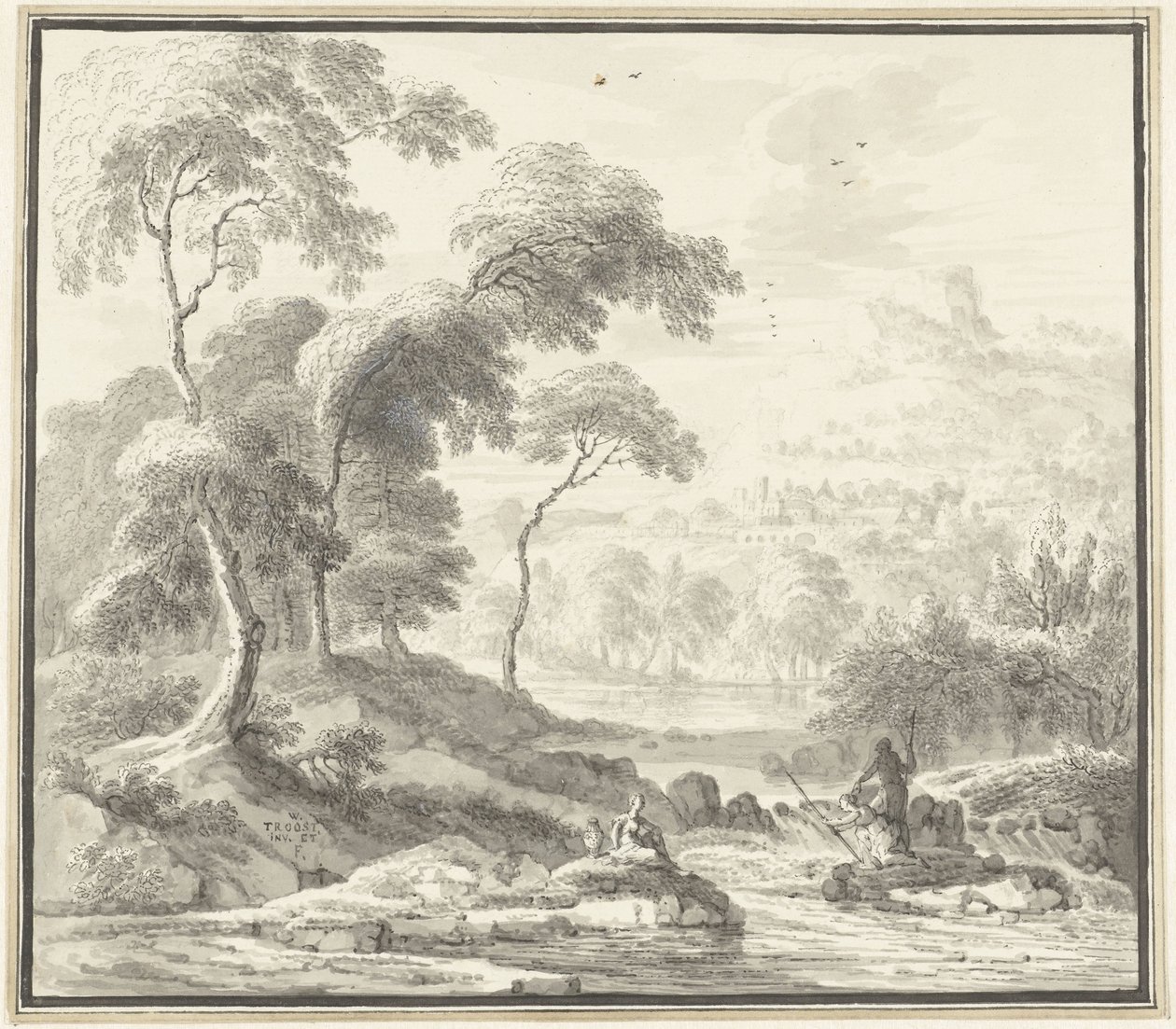 Idyllische Hügellandschaft mit Frauen an einem Bach von Willem Troost (I)