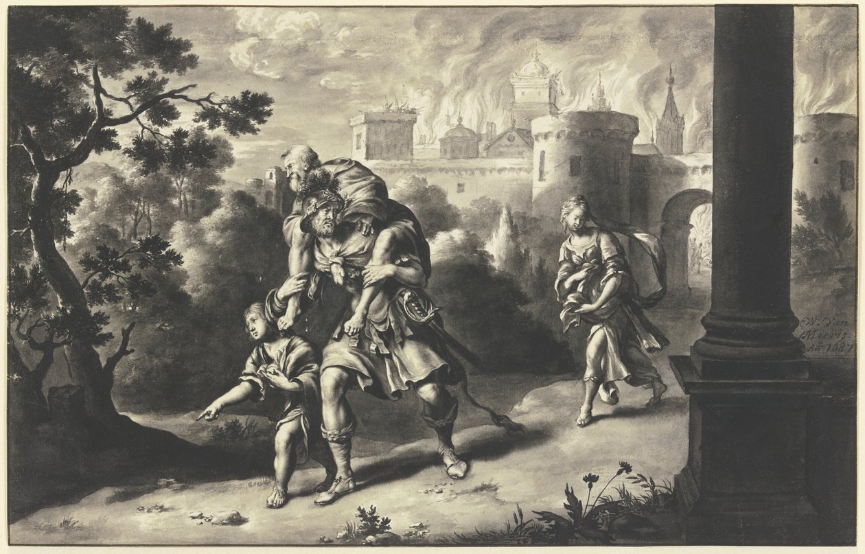 Aeneas rettet Anchises aus dem brennenden Troja von Willem Van Mieris