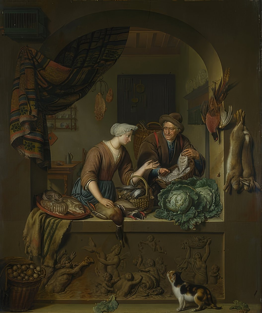 Frau und Fischhändler in der Küche von Willem Van Mieris