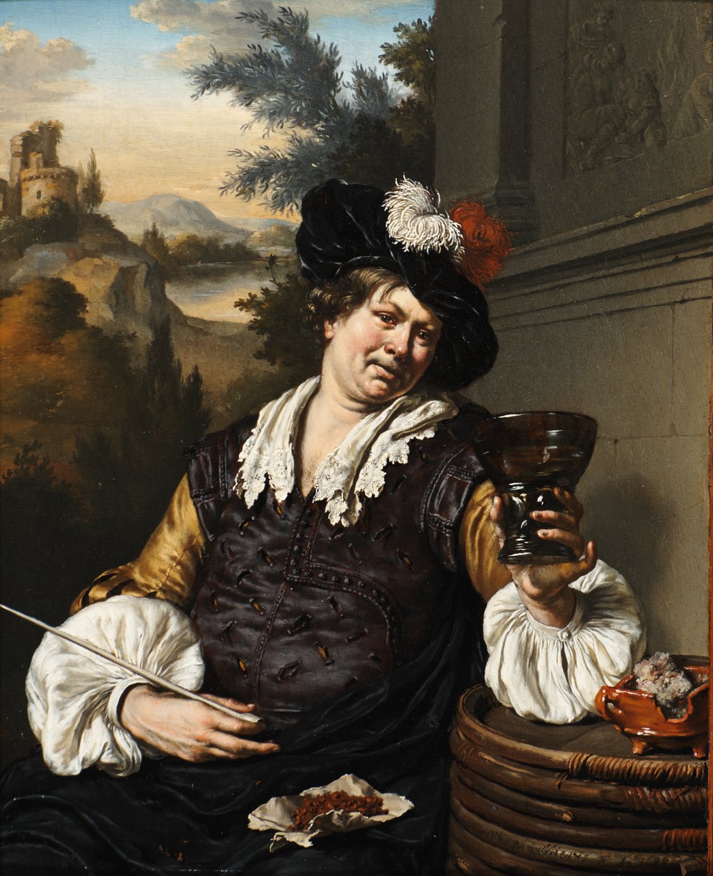 Sitzender Mann mit Berkemeier und Pfeife von Willem Van Mieris