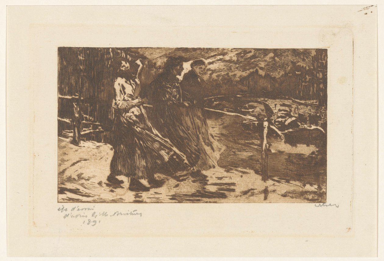 Drei Frauen auf einer Brücke bei Regen und Wind von Willem Witsen (signed by artist)