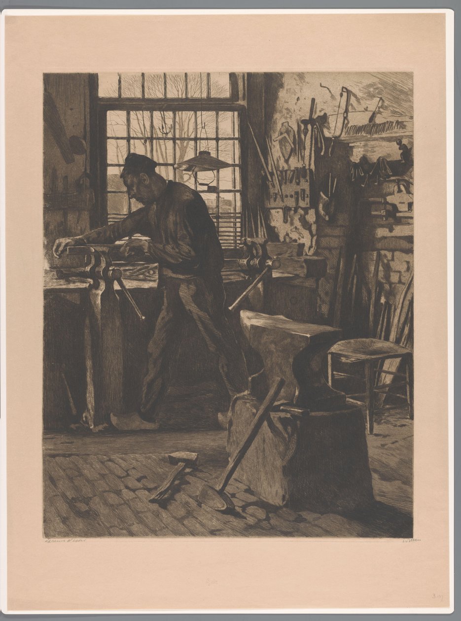 Schmied bei der Arbeit an einem Schraubstock am Fenster von Willem Witsen (signed by artist)