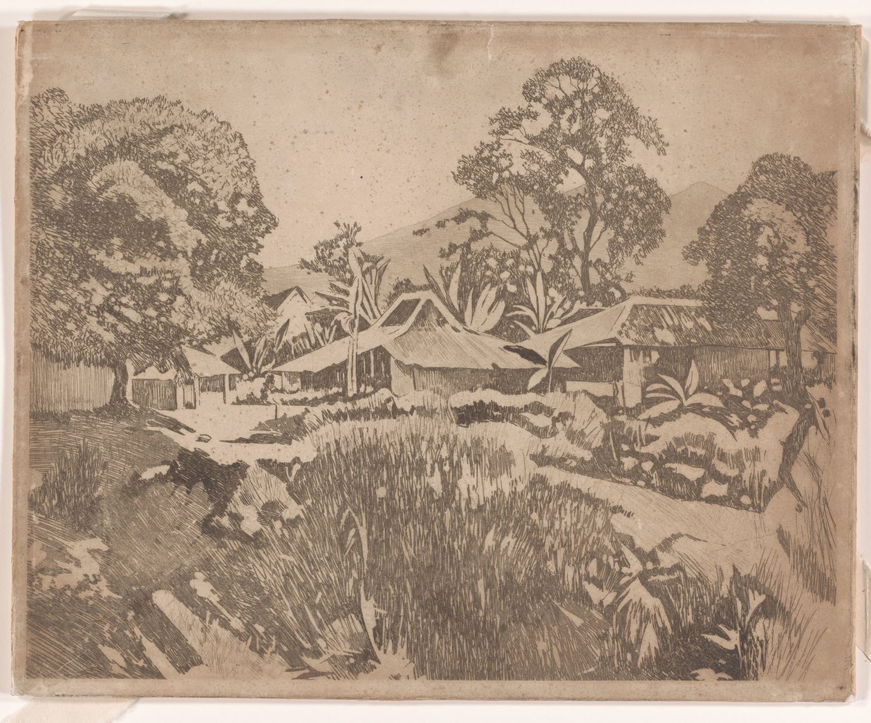 Häuser in der Kampong mit den Vulkanen Salak und Gedeh im Hintergrund, Buitenzorg von Willem Arnoldus Witsen