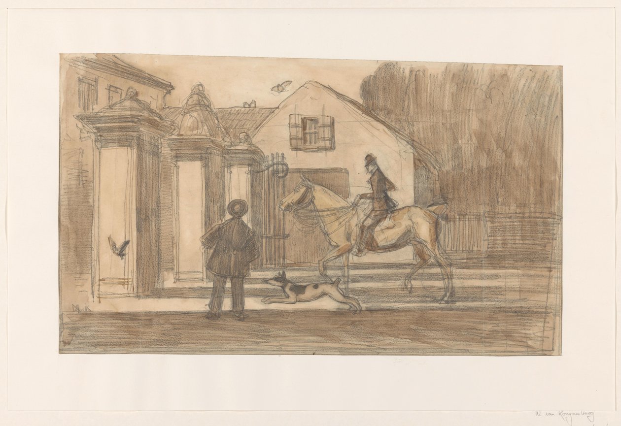 Das Tor an der Scheveningse Weg in Den Haag; ein Reiter mit Hund passiert von Willem van Konijnenburg