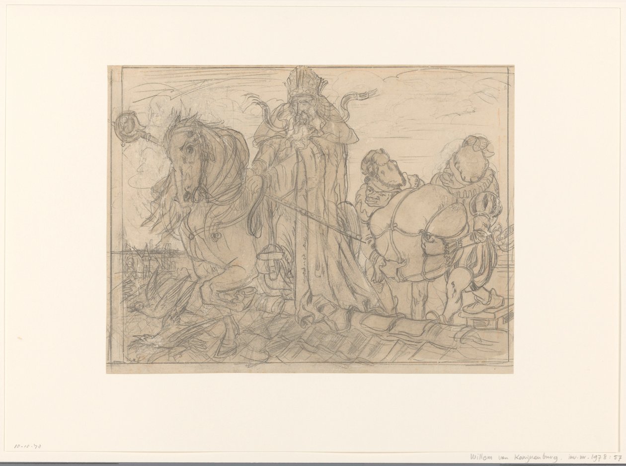 Sinterklaas mit zwei Pieten auf einem Dach von Willem van Konijnenburg