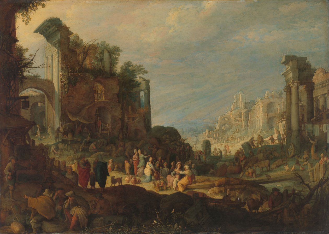 Reisende unter römischen Ruinen mit Rebekka und Eliezer am Brunnen von Willem van Nieulandt