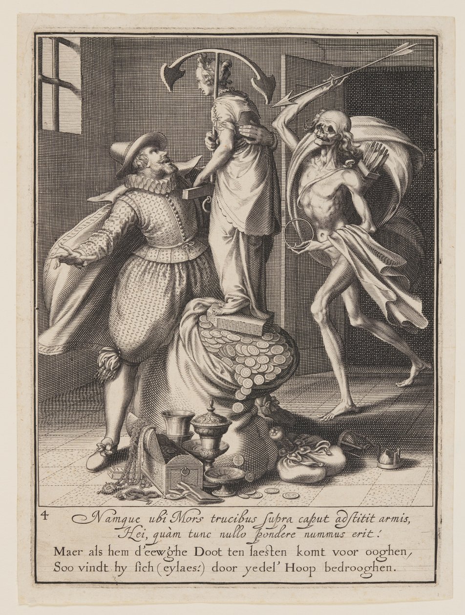 Tod mit einem Pfeil, der im Begriff ist, einen Mann niederzuschlagen, aus Allegorie des Missbrauchs weltlicher Güter von Willem van Swanenburgh