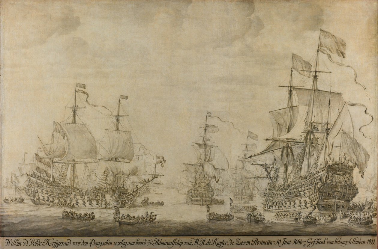 Kriegsrat an Bord der Sieben Provinzen, dem Flaggschiff von Michiel Adriaensz de Ruyter, 10. Juni 1666, vor der Vier-Tage-Schlacht: Episode aus dem Zweiten Englisch-Niederländischen Krieg von Willem van de Velde (I)