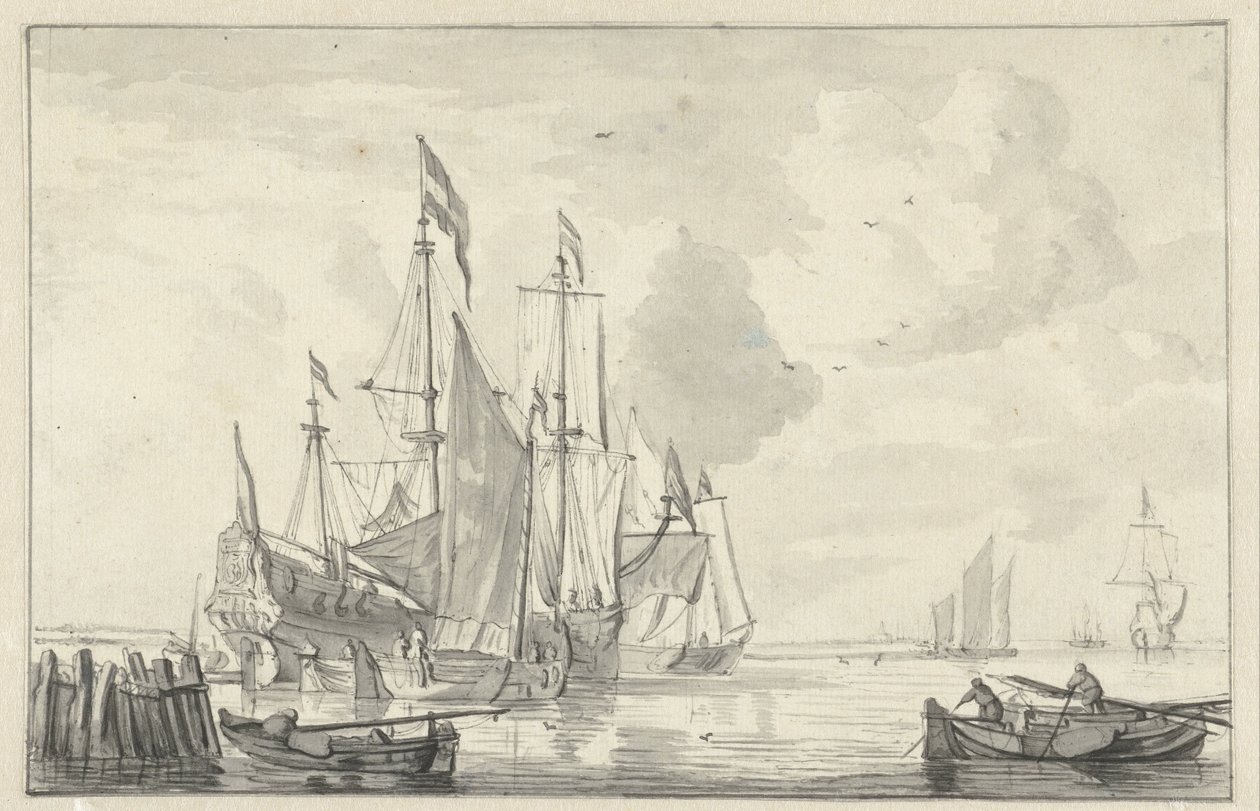 Meeresansicht mit einigen Schiffen in ruhigem Wasser bei der Küste von Willem van de Velde (II)