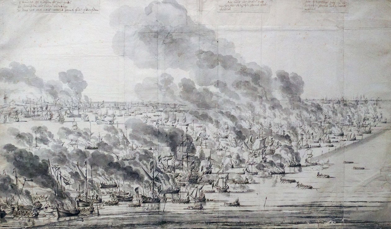 Robert Holmes setzt die niederländische Flotte bei Terschelling in Brand von Willem van de Velde the Elder