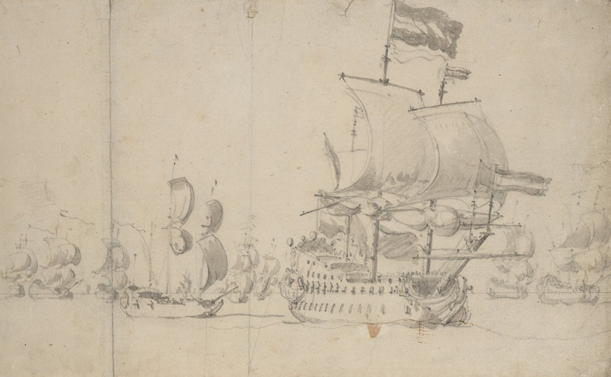 Ein niederländisches Flaggschiff mit einem Depeschenboot an ihrer Seite, Mai 1672? von Willem van de the Elder Velde