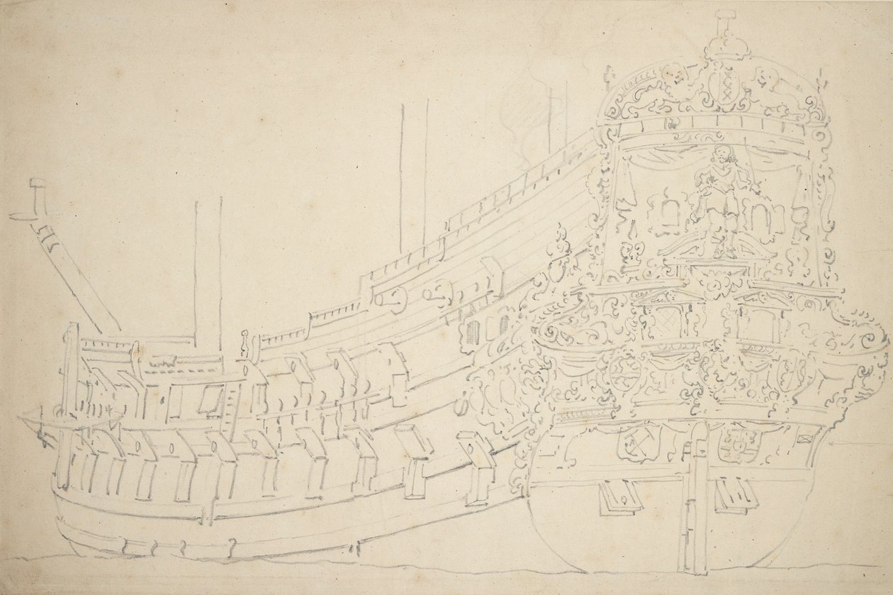 Ein Amsterdamer Schiff, möglicherweise ein Ostindienfahrer, mit etwa 50 Kanonen, um 1670 von Willem van de the Elder Velde