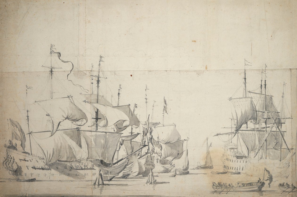 Niederländische Kriegsschiffe beim Segeltrocknen, ca. 1658 von Willem van de the Elder Velde