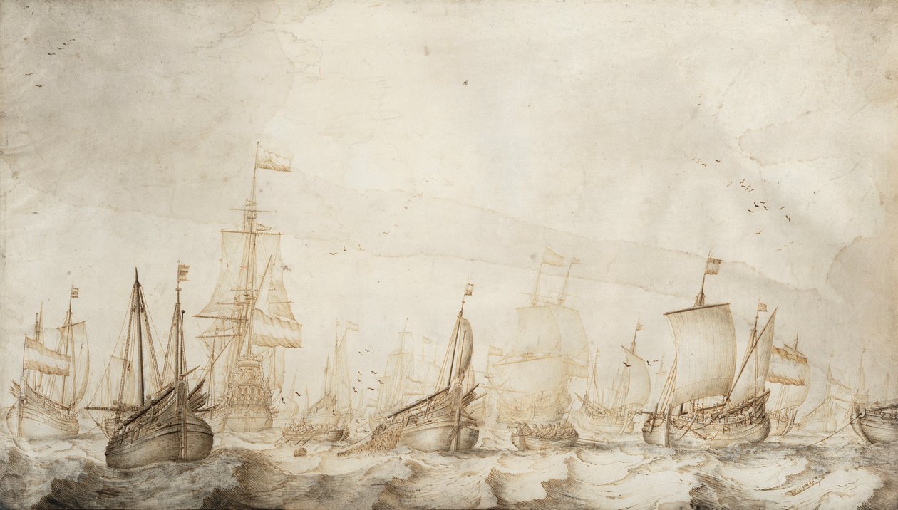 Niederländische Heringsfischereifahrzeuge in der Nordsee von Willem van de the Elder Velde