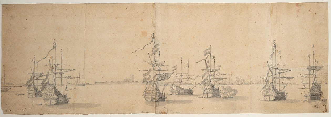 Niederländische Schiffe vor einer flachen Küste, um 1658 von Willem van de the Elder Velde