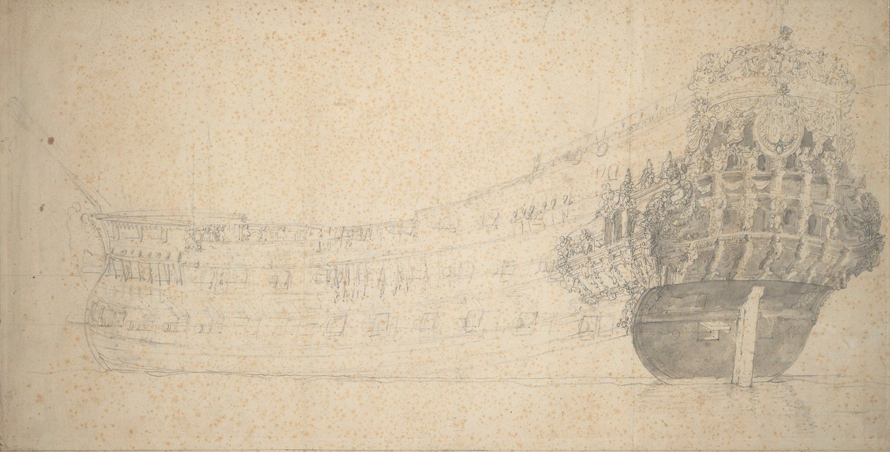 Porträt eines französischen Zweideckers. Gebaut in Holland 1666-67, ca. 1667 von Willem van de the Elder Velde