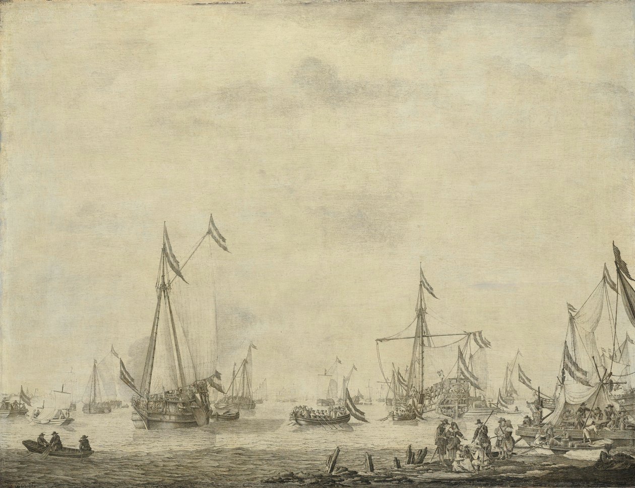 Königliche Yacht und Staatsyacht segeln von Moerdijk mit Karl II. von Willem van de the Elder Velde