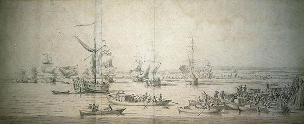 Die Ankunft von James, Herzog von York, auf der königlichen Yacht in Chatham, um das Linienschiff 