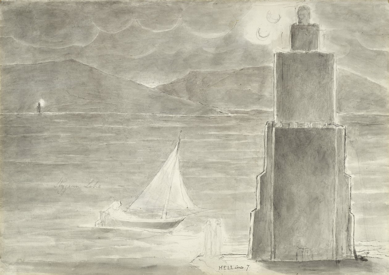 Dante und Virgil am Rand des Styx-Teiches, Illustration zur Göttlichen Komödie von Dante Alighieri, 1824-27 von William Blake