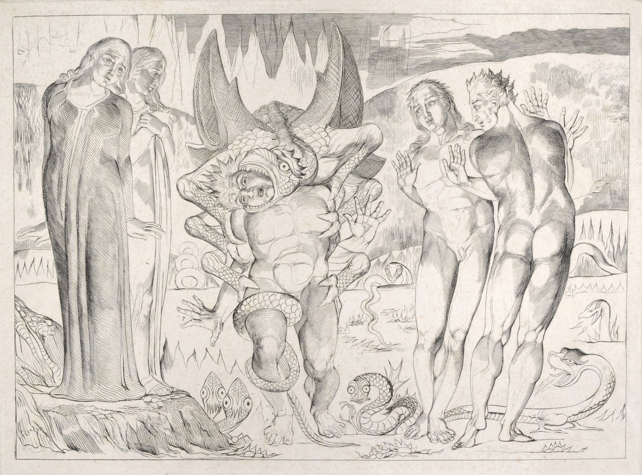 Der Kreis der Diebe: Agnolo Brunelleschi von einer sechsfingrigen Schlange angegriffen, Inferno, Gesang XXV, Illustration zur 