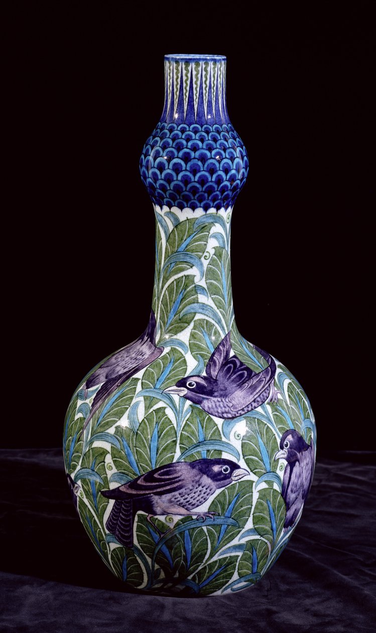 Große Flasche mit Amsel-Dekoration, bemalt von Joe Juster, 1888-1904 von William de Morgan