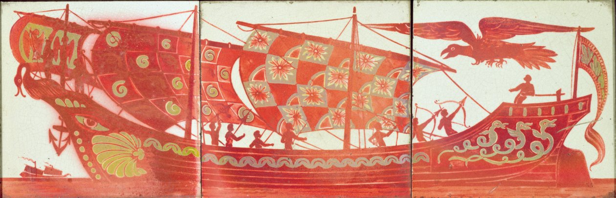 Drei Fliesen, die ein Schiff darstellen von William de Morgan
