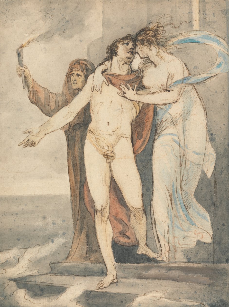 Leander nimmt Abschied von Hero, bevor er zurück über den Hellespont schwimmt von William Hamilton