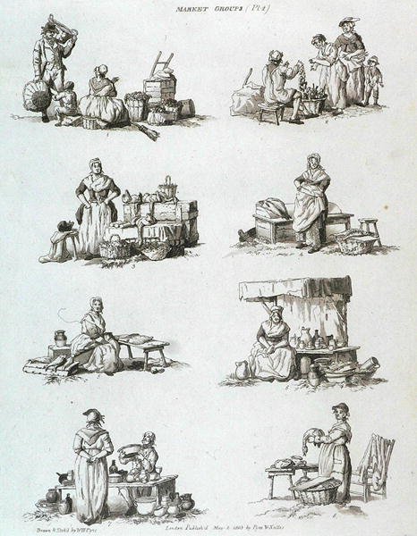 Marktgruppen, aus Microcosm, Vol.II, graviert von J. Hill, ca. 1806 von William Henry after Pyne